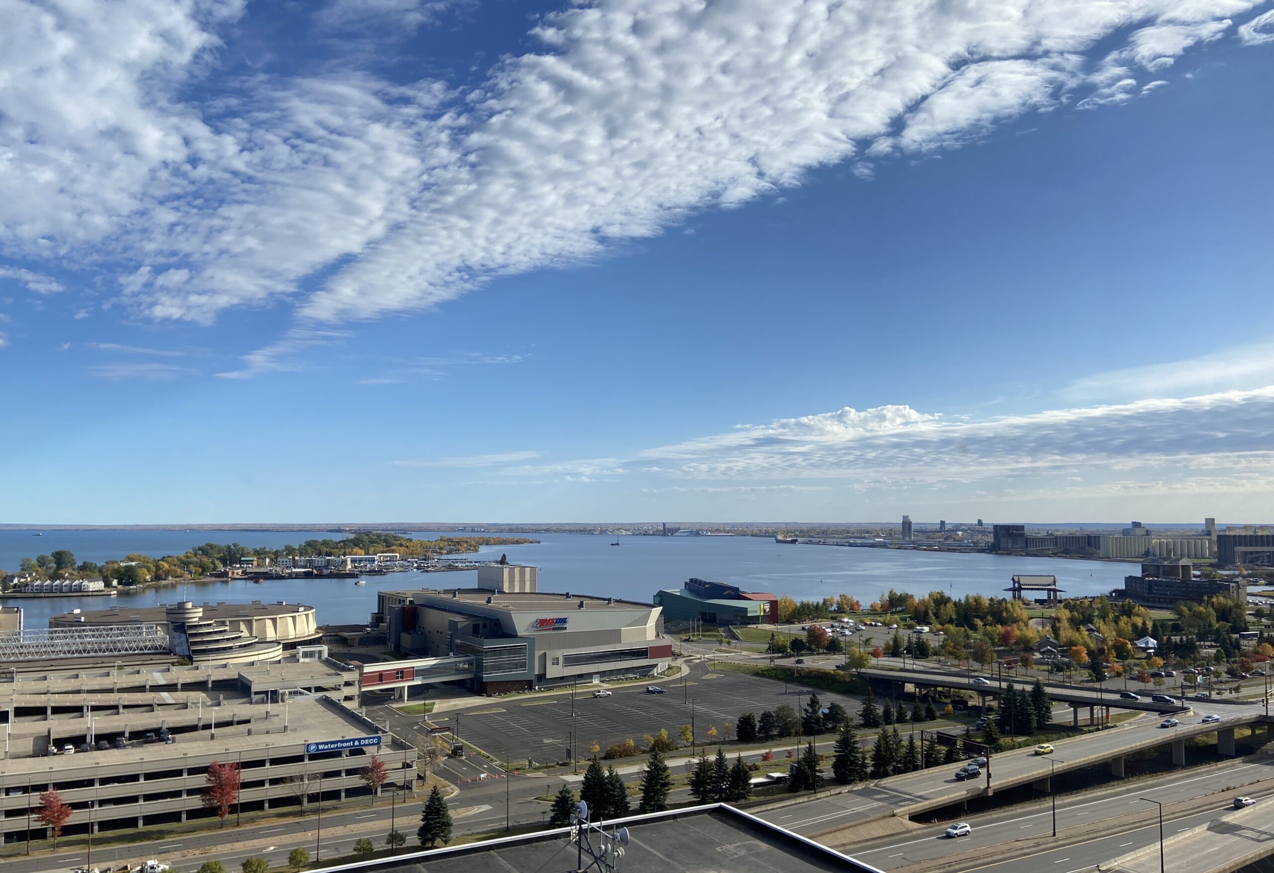 View from a building downtown Duluth overlooking Amsoil arena and the harbor